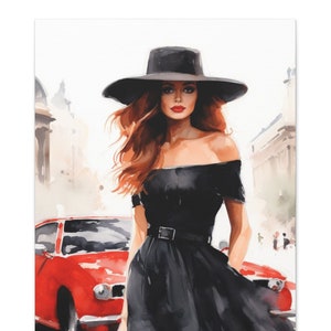 Paris Eiffel Tower Picture Beautiful stylish woman Paris, woman in black dress Parisian setting watercolour style, canvas print