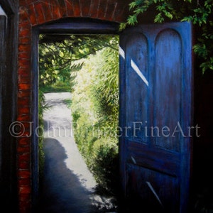 Garden Door Grußkarte, Gartenbild Geschenkkarte, In the sun - Grußkarte von meinem Gemälde Quex House Gardens, Kent