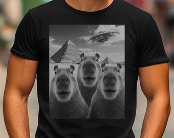 Capybara Tier Selfie Ufo Vintage 90er Jahre T-Shirt Unisex Retro Lustig Capybara Tee Ufo Meme Shirt Alien Gag Erwachsene Shirts Y2k MEHR FARBEN