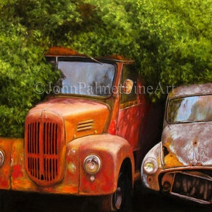 Tarjeta de felicitación con imagen de coches antiguos, imagen de coches antiguos Amigos abandonados: tarjeta de felicitación hecha con mi pintura de dos coches viejos abandonados