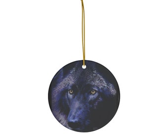 Wolf in Moonlight - Ceramic Ornament bearing my pastel painting wolf artwork, gift,