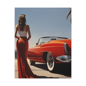 Girl and car, stylish lady, Cannes, Americana, American classic, canvas wrap, canvas print, canvas gift,
