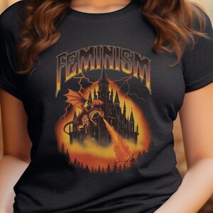 Castle Shirt Fantasy Dragon Feminism Vintage Graphic Shirt, Retro Dragon Shirt Feminism Shirt Dark Art Tee Grunge Castle Dragon Gothic Shirt