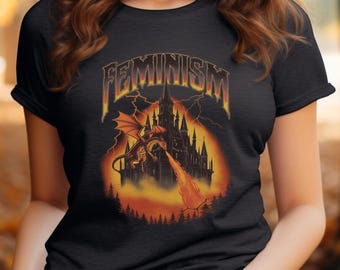 Castle Shirt Fantasy Dragon Feminism Vintage Graphic Shirt, Retro Dragon Shirt Feminism Shirt Dark Art Tee Grunge Castle Dragon Gothic Shirt