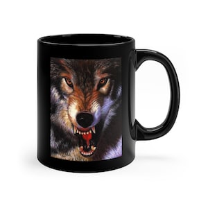 Wolf mug, full moon, wolf in Moonlight, horror, fangs, gothic, werewolf, dracula, gift, mug, mugs, 11oz Black Mug