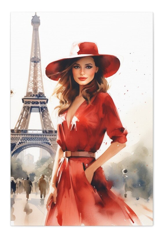 red dress eiffel tower painting Eiffel Tower Woman Red Dress