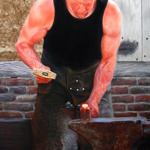 Blacksmith Painting, Blacksmith picture, original framed pastel painting overall size 22 inches x  18 inches
