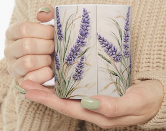 Lavendelmugg, lavendelpresent, Bramble-mugg, pressad blommugg, bohemisk vildblommor, cottagecore-kaffemugg, present till blomsterträdgårdsälskare.