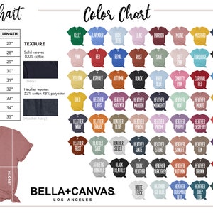K&ouml;nnte beinhalten: Gr&ouml;&szlig;entabelle und Farbtabelle f&uuml;r T-Shirts. Die Tabelle zeigt verschiedene Gr&ouml;&szlig;en, Breiten, L&auml;ngen und Texturen. Die Farbtabelle zeigt eine Vielzahl von Farben, einschlie&szlig;lich Melangefarben. Der Text "Bella+Canvas Los Angeles" befindet sich am unteren Rand der Tabelle.