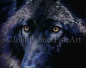 Wolf painting, wolf picture, Wolf in moonlight version E  -  print from my original pastel painting of a grey wolf