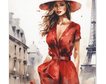 Paris Eiffel Tower Beautiful woman Paris, Eiffel tower, woman in red dress with Eiffel tower in background watercolour style, canvas print