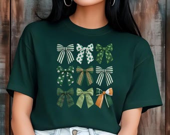 St Patrick's Day Shirt Coquette Bow Shirt, Shamrock Bow Tee, Lucky Clover TShirt, St. Patty's Day Apparel, Festive Irish Clothing For Women