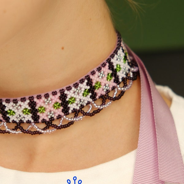 Ukrainian traditional beaded collar necklace "gerdan" (aka choker) on the long ribbon, sylayka, kryza, bracelet, hair accessory