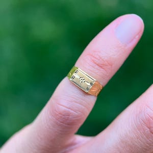 K&ouml;nnte beinhalten: Ein goldener Siegelring mit einer rechteckigen Platte, die in der Mitte ein eingraviertes Blumenmotiv und an den Seiten dekorative &Auml;tzmuster aufweist. Der Ring hat eine polierte Oberfl&auml;che und sitzt an einem Finger, was die Metallarbeit zeigt.