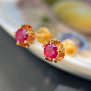 Vintage 14k Indian Natural Ruby Stud Earrings • Buttercup Setting • Screw posts