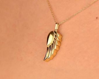14K Massivgold Flügel Urne Halskette, personalisierte Andenken Anhänger, Menschen- und Baby-Denkmal, individuell graviertes Geschenk für geliebten Verlust