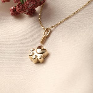 May include: A gold-colored paw print pendant with a heart-shaped center, suspended from a delicate gold chain. The pendant is designed to open, revealing a small compartment. A sprig of red flowers is in the background.
