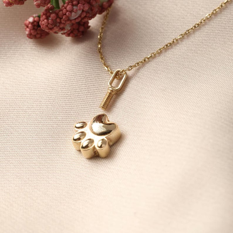 May include: A gold-colored paw print pendant with a heart-shaped center, suspended from a delicate gold chain. The pendant is designed to open, revealing a small compartment. A sprig of red flowers is in the background.