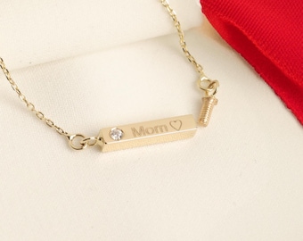 14K Solid Gold Cremation Bar Necklace,Diamond Accent, Personalized Memorial,Gold Ash Holder Necklace, Pet or Human Memorial Jewelry