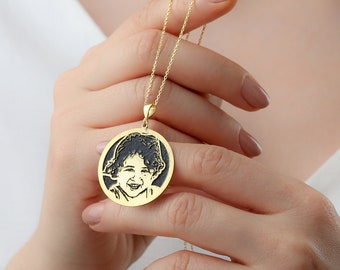 14K Gold Photo Pendant Necklace, Custom Engraved Portrait, Memorial Jewelry