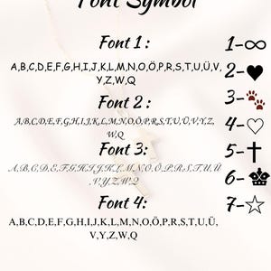 May include: Image showing a guide to different fonts and symbols. The text "Font Symbol" is at the top. Below are four font options, each with a list of letters and corresponding symbols like hearts, crosses, and stars.