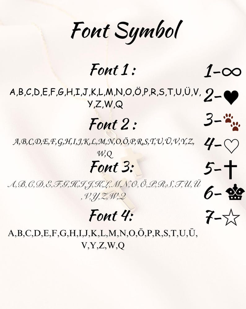 May include: Image showing a guide to different fonts and symbols. The text "Font Symbol" is at the top. Below are four font options, each with a list of letters and corresponding symbols like hearts, crosses, and stars.