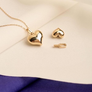 Collar con urna en forma de corazón de oro macizo de 14 quilates, colgante para cenizas de cremación, colgante en forma de corazón abultado para cenizas de mascotas, joyería personalizada conmemorativa, joyería de recuerdo