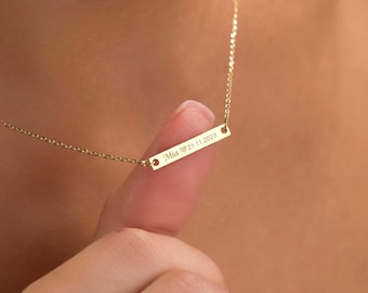 14K Gold Personalized Bar Necklace, Engraved Name Pendant