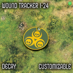Könnte beinhalten: Ein runder, grün-gelber Wundenzähler mit dem Text "WOUND TRACKER I-24". Der Zähler zeigt drei gelbe Totenköpfe und die Zahl 24. Die Wörter "DECAY" und "CUSTOMIZABLE" sind ebenfalls vorhanden.