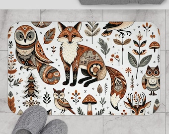 Whimsical Nature Bath Mat Fox Bathroom Decor Owl Shower Decoration Art Design