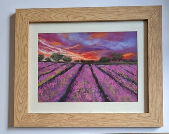 Original pastel art. Lavender fields.