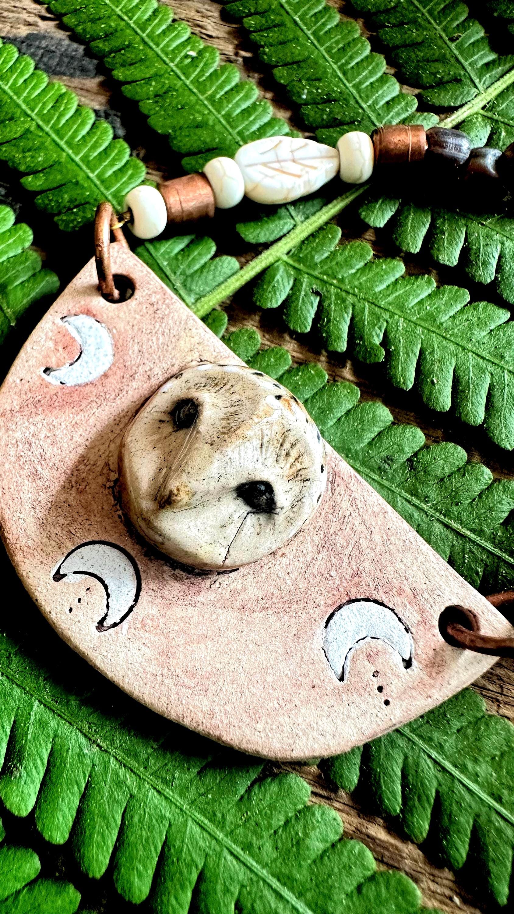 Ceramic moon owl and crystal necklace.