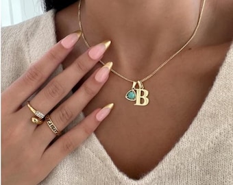 Sterling Silver Initial Birthstone Necklace, Personalized Letter Jewelry
