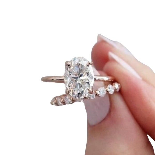 9 * 7 mm Oval Moissanite Engagement Ring Set 14K Rose Gold Dainty Wedding Ring Anniversary Promise Gift Ring Forever One Anniversary Ring