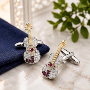 Elegant Violin Cufflinks for Men, Red Stone Music Cuff Links, Groom Gift, Musician Birthday Gift for Him(v)