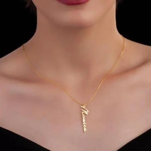 Personalized Vertical Name Necklace, Custom 18K Gold Plated Name Necklace, Minimalist Name Necklace, Christmas Gift, Mother&#39;s Day Gift