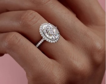 Anillo de compromiso con circonita cúbica simulada de diamantes de plata de ley 925 con halo ovalado, anillo de viaje, tamaño de regalo 3,5-12 medios tamaños disponibles
