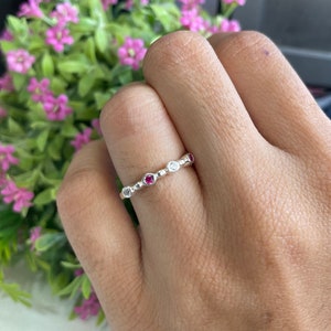 Delicate Ruby Wedding Band Ruby & CZ Diamond Wedding Band Half Eternity Matching Band Stackable Eternity Bridal Wedding Anniversary Ring