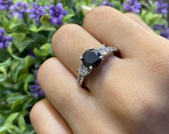 Round Black Moissanite Diamond Engagement Ring Moissanite Diamond Black Diamond Ring Three Stone Diamond Ring, Wedding Ring