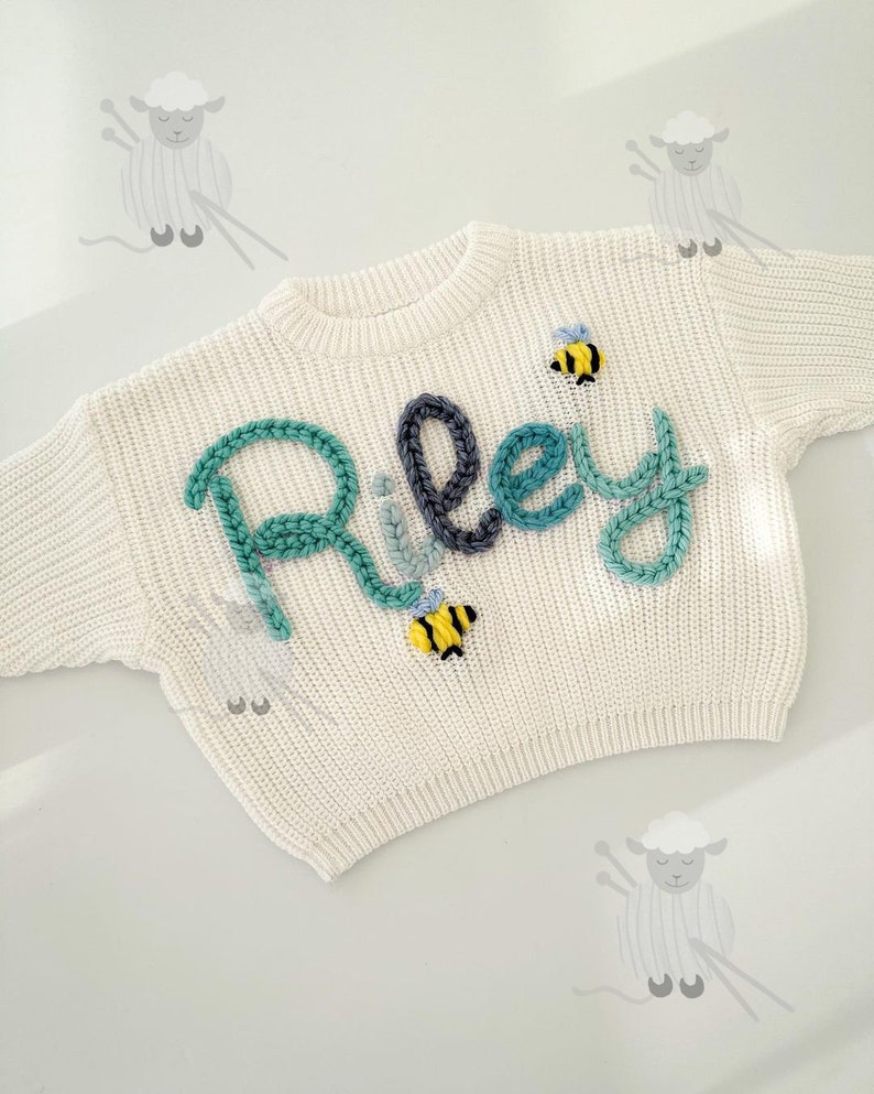 Hand Knit Name Sweater Personalized Chunky Knit Newborn Baby Name Sweater Baby Sweater Baby Shower Birthday Custom Baby Gift image 5