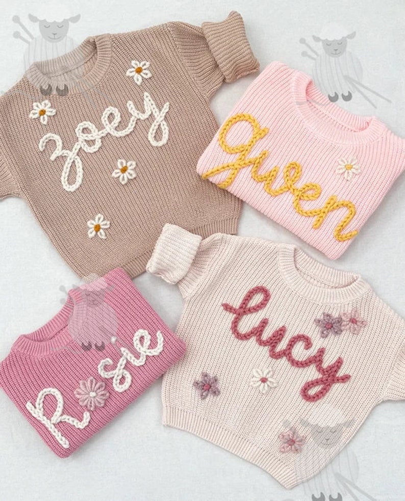 Hand Knit Name Sweater Personalized Chunky Knit Newborn Baby Name Sweater Baby Sweater Baby Shower Birthday Custom Baby Gift image 2