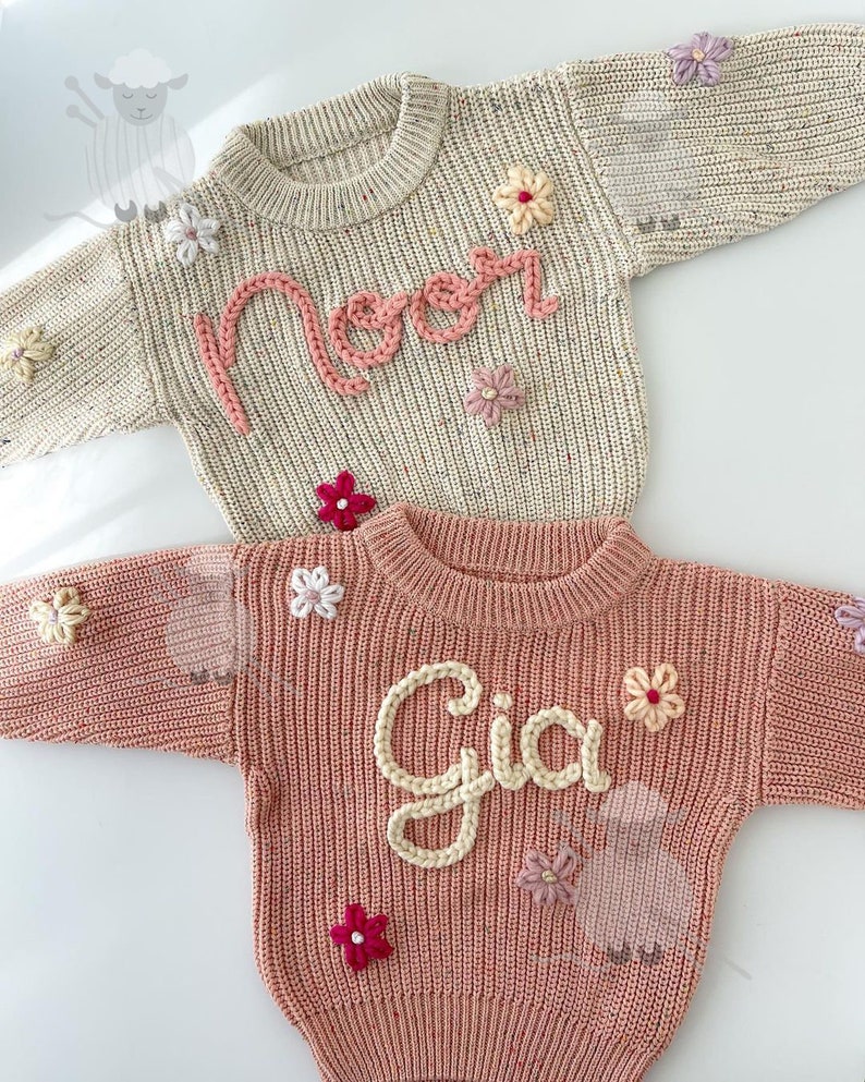 Hand Knit Name Sweater Personalized Chunky Knit Newborn Baby Name Sweater Baby Sweater Baby Shower Birthday Custom Baby Gift image 4