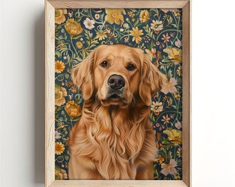 Golden Retriever Vintage Floral Wall Art, Printable wall Art, PRINTABLE Digital Download