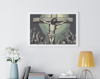 Zombie Jesus gerahmtes horizontales Poster, einzigartige Zombie KI-Kunst, Wanddekor für Horrorfans, Wohnkultur für Halloween, Spielzimmer-hängender Druck