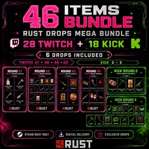 Op de afbeelding: Een digitale afbeelding voor een bundel van 46 Rust-drops met 28 Twitch- en 18 Kick-items. De lay-out bevat tekstlabels voor rondes 47, 48, 49, 50 en Kick-rondes 2 en 3, met diverse iconen van wapens en uitrusting in neonroze en groen.