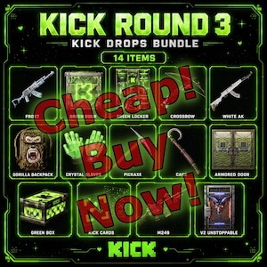 Op de afbeelding: Een digitaal display met de titel KICK ROUND 3 KICK DROPS BUNDLE met 14 items, waaronder een vorstgeweer, een groene deur, een groene kluis, een kruisboog, een witte AK, een gorillarugzak, kristallen handschoenen, een houweel, een wandelstok, een pantserdeur.