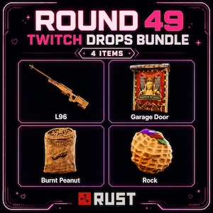 以下が含まれることがあります： Twitch Drops Bundleのプロモーション画像。L96スナイパーライフル、ガレージドア、焦げ付きピーナッツの袋、岩の4つのアイテムが特徴です。「ROUND 49」と「TWITCH DROPS BUNDLE」のテキストはピンク色で表示されています。
