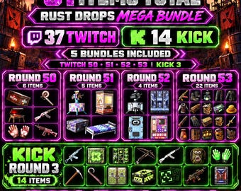 May include: A digital Rust Drops Mega Bundle graphic featuring 51 items total, including 37 Twitch and 14 Kick drops. The display lists 5 bundles across rounds 50, 51, 52, 53, and Kick round 3, showcasing various game skins, weapons, and gear.