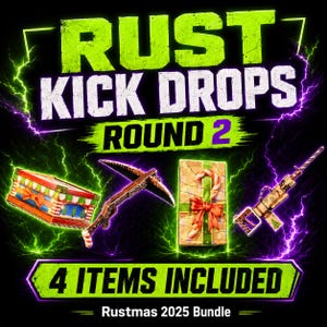 Könnte beinhalten: Werbebild für das Rust Kick Drops Round 2 Bundle. Das Bild zeigt eine Schatztruhe, eine Spitzhacke, ein verpacktes Geschenk mit einer Zuckerstange und ein Gewehr, alles mit festlichem Design. Der Text lautet "4 ARTIKEL ENTHALTEN" und "Rustmas 2025 Bundle".