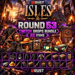Op de afbeelding: Een promotieafbeelding voor de Rust Isles Round 53 Twitch Drops Bundle met 22 items. De afbeelding toont diverse in-game objecten, waaronder een schedelmasker, strooien hoed, rugzak, laarzen, wapens en kratten tegen een tropische eilandachtergrond.